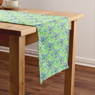 Chemin De Table Court Fleurs Bleues Et Grass Motif D'Art Naturel
