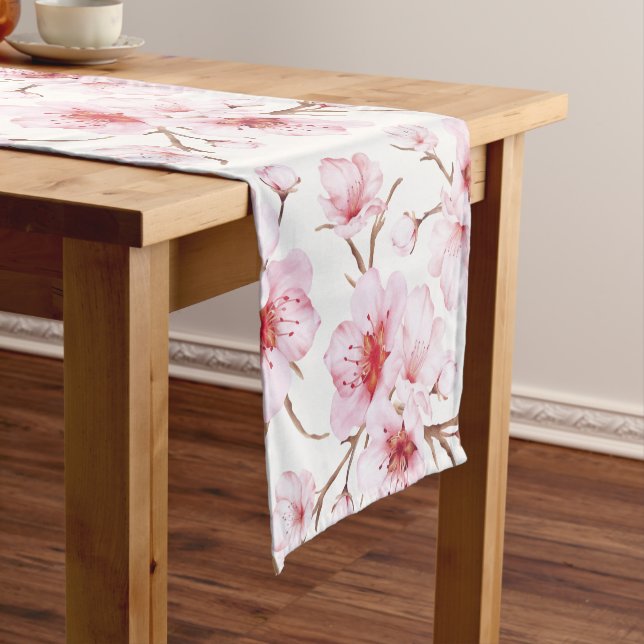 Chemin De Table Court Fleurs de cerisier rose blanc (In Situ)