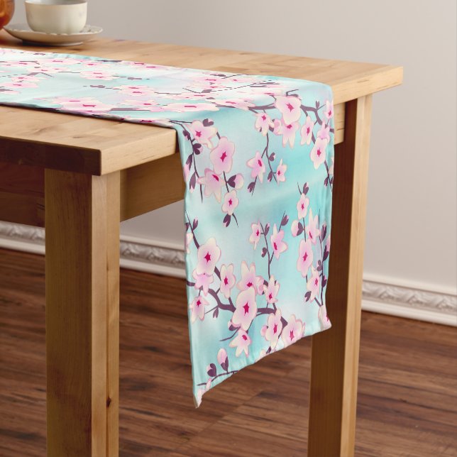 Chemin De Table Court Fleurs de cerisier rose turquoise (In Situ)
