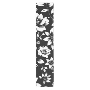 Chemin De Table Court Fleurs de feuilles florales modernes noir blanc qu