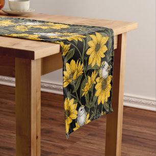 Chemin De Table Court Fleurs de soleil sauvages et oiseaux de crête doré