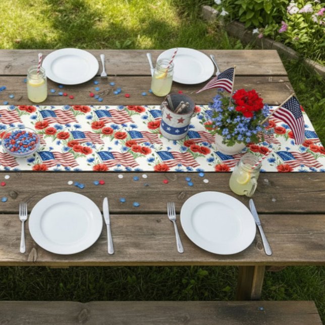 Chemin De Table Court Fleurs et drapeaux américains  (Créateur téléchargé)