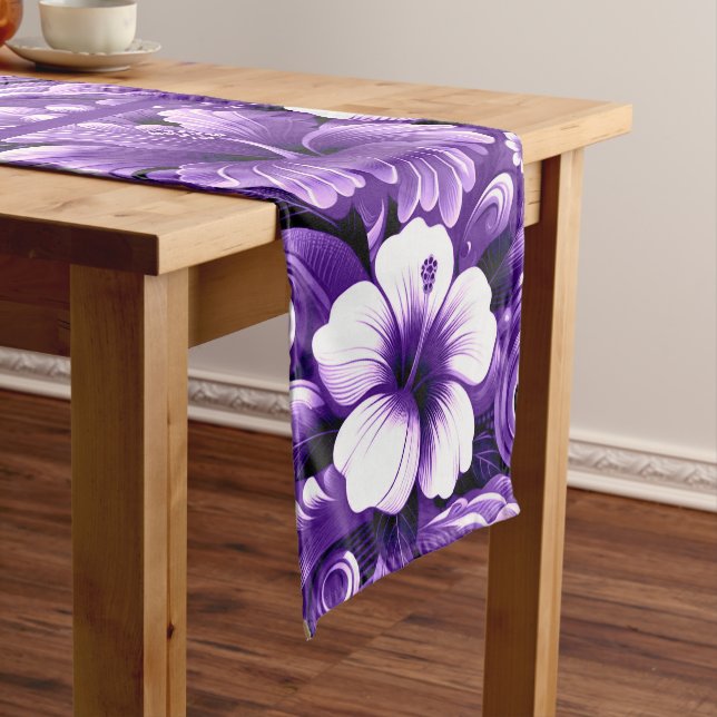 Chemin De Table Court Fleurs hawaïennes tropicales Hibiscus Motif violet (In Situ)