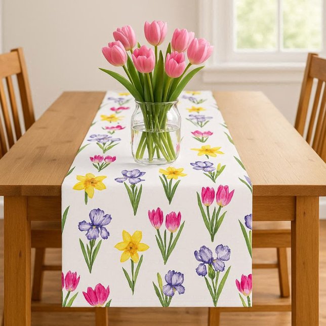 Chemin De Table Court Fleurs printanières Tulipes Jonquilles Iris  (Mockup of spring floral table runner.  Not actual size of runner, shown wider that actual )