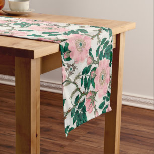 Chemin De Table Court Fleurs Roses roses et Motif Feuille vert