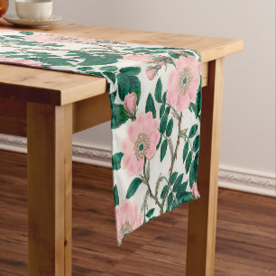 Chemin De Table Court Fleurs Roses roses et Motif Feuille vert