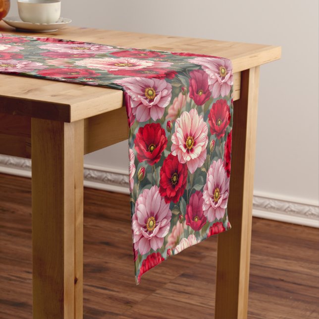 Chemin De Table Court Fleurs roses, rouges et mauves  (In Situ)