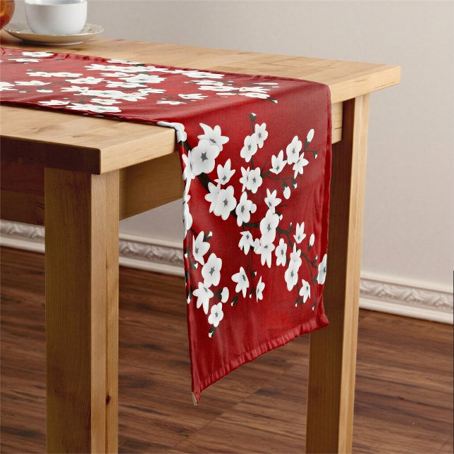 Chemin De Table Court Fleurs rouges et blanches de cerisier en fleurs (Créateur téléchargé)
