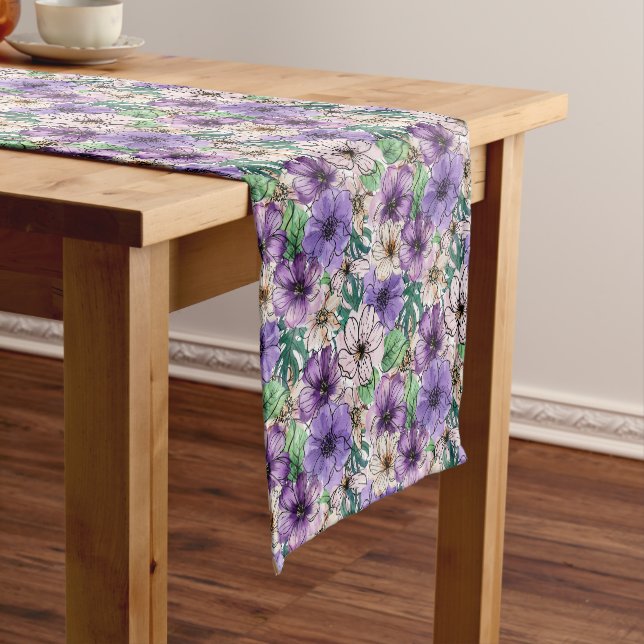 Chemin De Table Court Fleurs violettes et roses (In Situ)