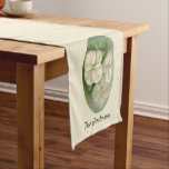 Chemin De Table Court Floral<br><div class="desc">Des oeuvres dans les tons pastel représentant d'élégantes fleurs d'hydrangée crème et blanche avec leurs bourgeons sur un écrin vert muet sur un arrière - plan jaune pâle décore les extrémités de ce coureur de table avec du texte qui peut être personnalisé.</div>