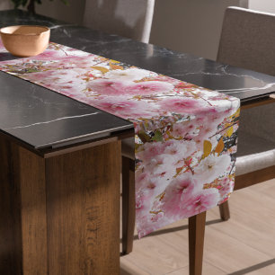 Chemin De Table Court Floral de fleurs de cerises roses