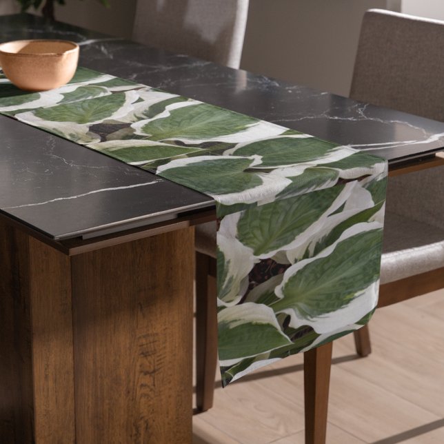 Chemin De Table Court Floral Feuille Hosta vert et blanc (In Situ)