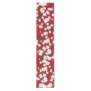 Chemin De Table Court Floral Fleur Rouge Et Blanc De Cerisier