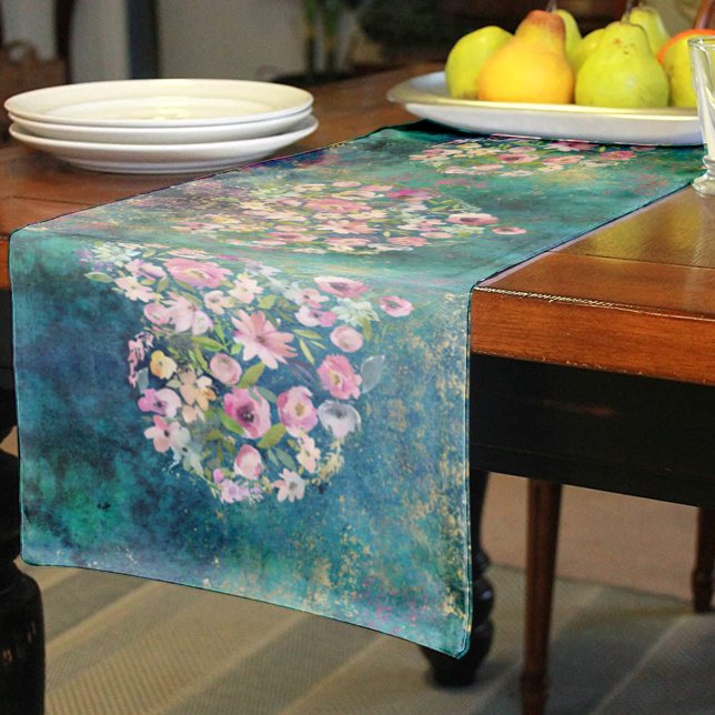 Chemin De Table Court Floral Heart Gold Romantique écriture manuscrite (Créateur téléchargé)