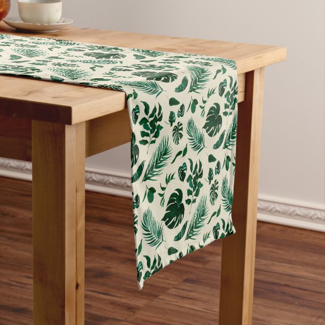Chemin De Table Court Foliage tropical Vert moderne & Motif Feuille (In Situ)
