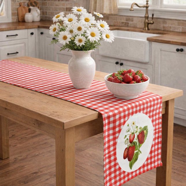 Chemin De Table Court Fraises de style campagnard avec gingham rouge (Créateur téléchargé)