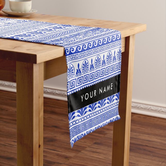 Chemin De Table Court Fret grec, Clé de méandre mixte, Bleu, Votre Nom (In Situ)