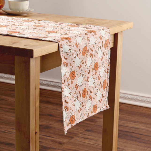 Chemin De Table Court Fun Retro Ghost & Jack-O-Lantern Motif (In Situ)