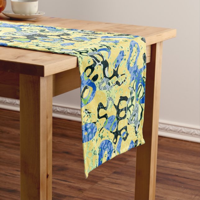 Chemin De Table Court Graphisme bleu jaune noir pointé Abstraction (In Situ)