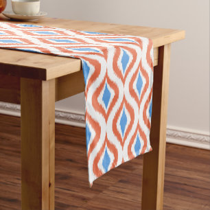 Chemin De Table Court Gras Orange bleu azur blanc Ikat Ogee Art Motif