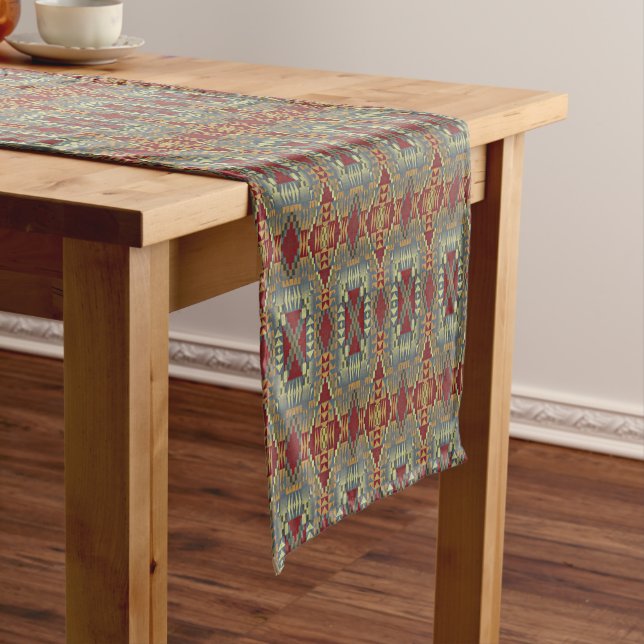 Chemin De Table Court Gray Tan Brown Ochre ivoire Red Tribal Art Motif (In Situ)