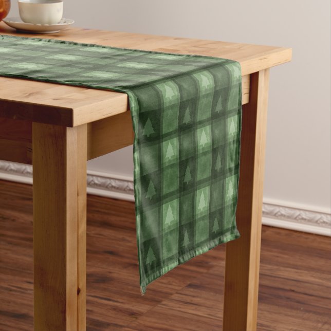 Chemin De Table Court Green Fir Tree Pattern Textured Plaid Christmas (In Situ)
