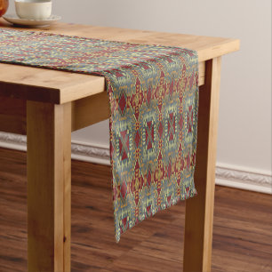 Chemin De Table Court Gris Brun Ocre Brun Ivoire Rouge Motif d'Art Triba