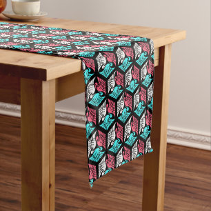 Chemin De Table Court Grues japonaises, corail, turquoise et noir