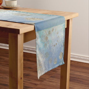 Chemin De Table Court Grunge Côtière Aquarelle bleu et vert or