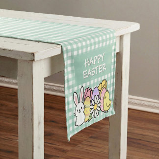 Chemin De Table Court Happy Easter Bunny Chick Eggs Green Gingham