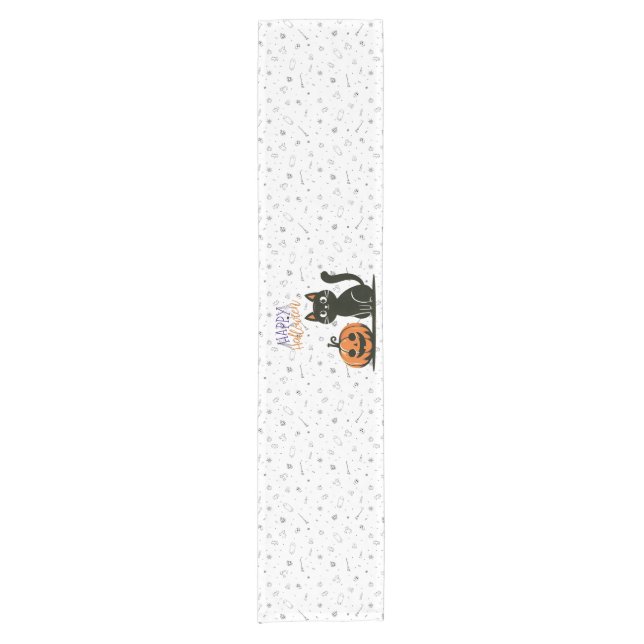 Chemin De Table Court Happy Halloween chat et citrouille (Devant)