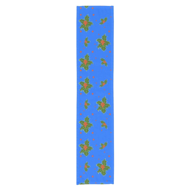 Chemin De Table Court Holly Red Berry Motif sur Festive Blue (Devant)