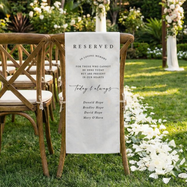 Chemin De Table Court In Loving Memory Wedding Cloth Chair Sign Reserved (Modern minimalist black memorial wedding chair fabric sign)
