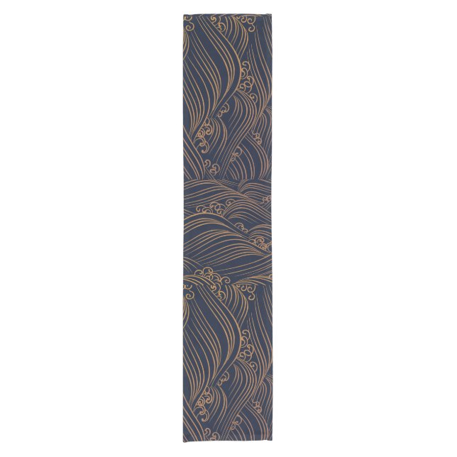 Chemin De Table Court Japon Vagues Motif Marine bleu et or Brown (Devant)