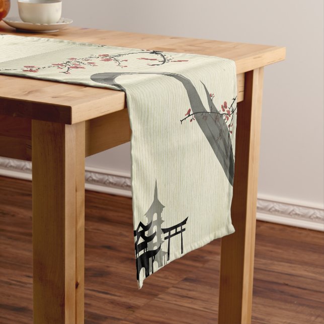 Chemin De Table Court Japonais, cru, fleurs de cerisier, couleur d'eau, (In Situ)