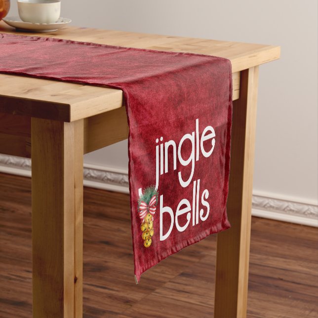 Chemin De Table Court Jingle Bells Faux Red Velvet Texture Noël (In Situ)