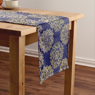Chemin De Table Court Joli Motif de kaléidoscope bleu et or Navy