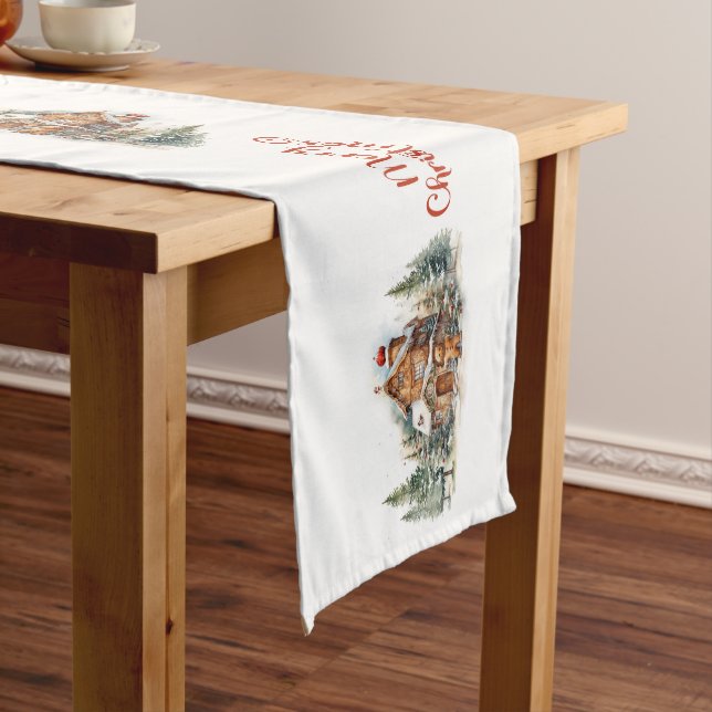 Chemin De Table Court Jolie aquarelle pain d'épices maison pins (In Situ)