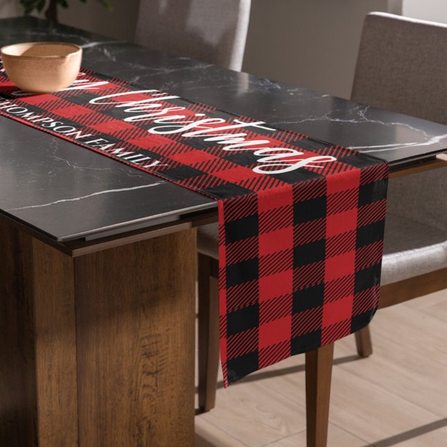 Chemin De Table Court Joyeux Noël Calligraphie Buffalo Check Motif (Christmas rustic plaid table runner with white whimsy Merry Christmas greeting)