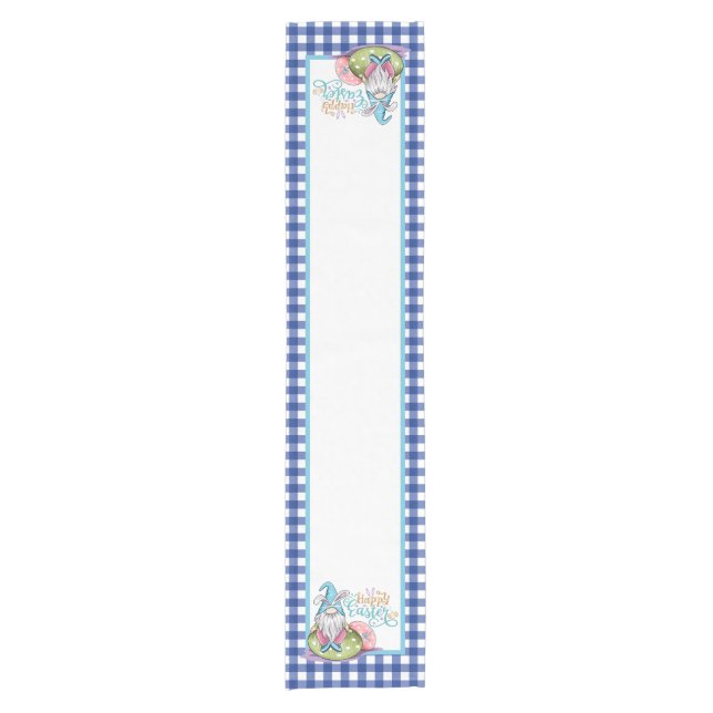 Chemin De Table Court Lapin Gnome de Pâques en Gingham Bleu  (Devant)