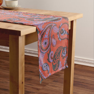Chemin De Table Court Linocut Traditionnel Paisley Vivid Orange Violet