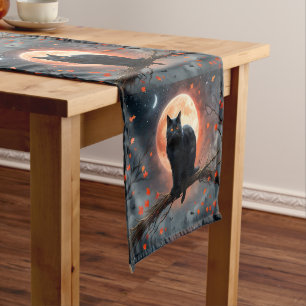 Chemin De Table Court Lune de chat noir d'Halloween effrayant,