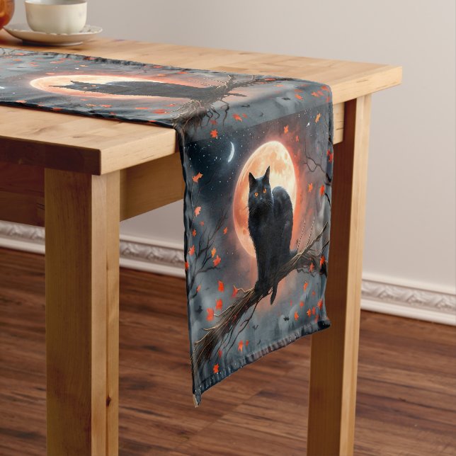 Chemin De Table Court Lune de chat noir d'Halloween effrayant, (In Situ)