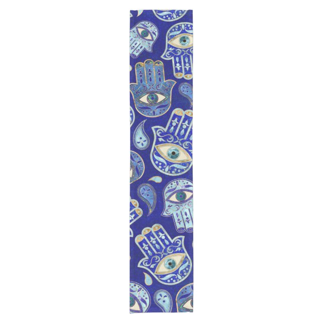 Chemin De Table Court Main Hamsa - Main de Fatima motif Minéraux Bleus (Devant)