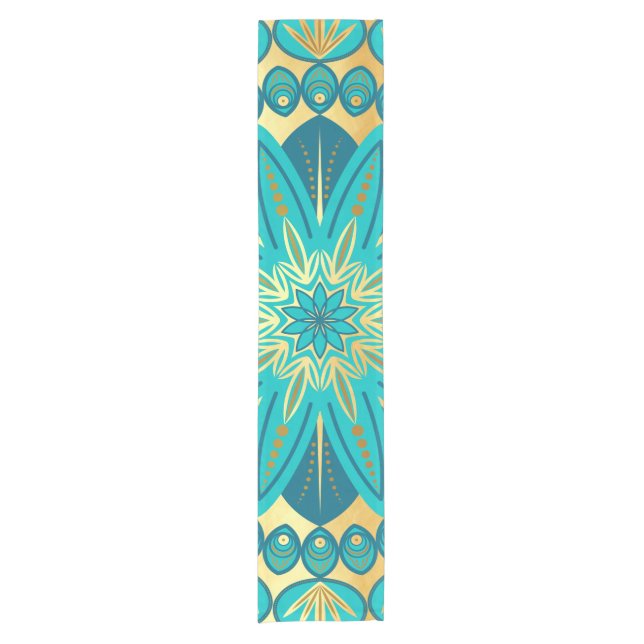 Chemin De Table Court Mandala Fleur Bleu Or (Devant)