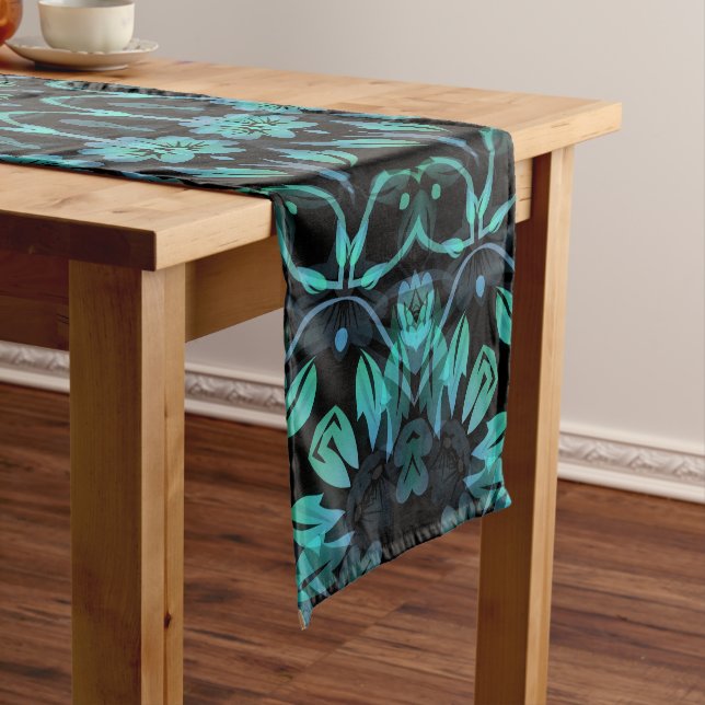 Chemin De Table Court Mandala Floral Noir Sarcelle Foncé (In Situ)