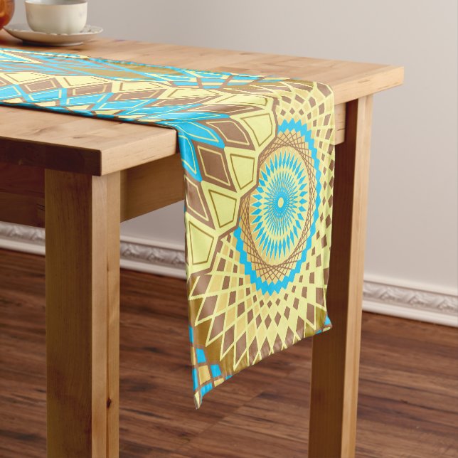 Chemin De Table Court Mandala Superposé Bleu Marron Or (In Situ)