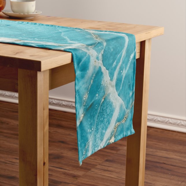 Chemin De Table Court Marbre Clair Aqua Élégant Aspect Raffiné (In Situ)