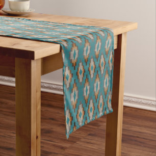 Chemin De Table Court Marron Taupe Bleu Sarcelle Orange Motif Tribal