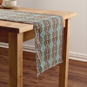 Chemin De Table Court Marron Taupe Turquoise Bleu Aqua Motif Tribal